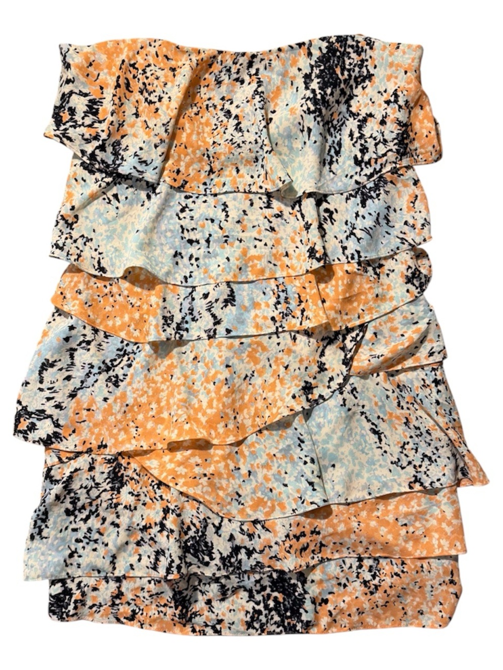 Tiered Ruffled Strapless Mini Dress — Orange, Light Blue & Black Speckle